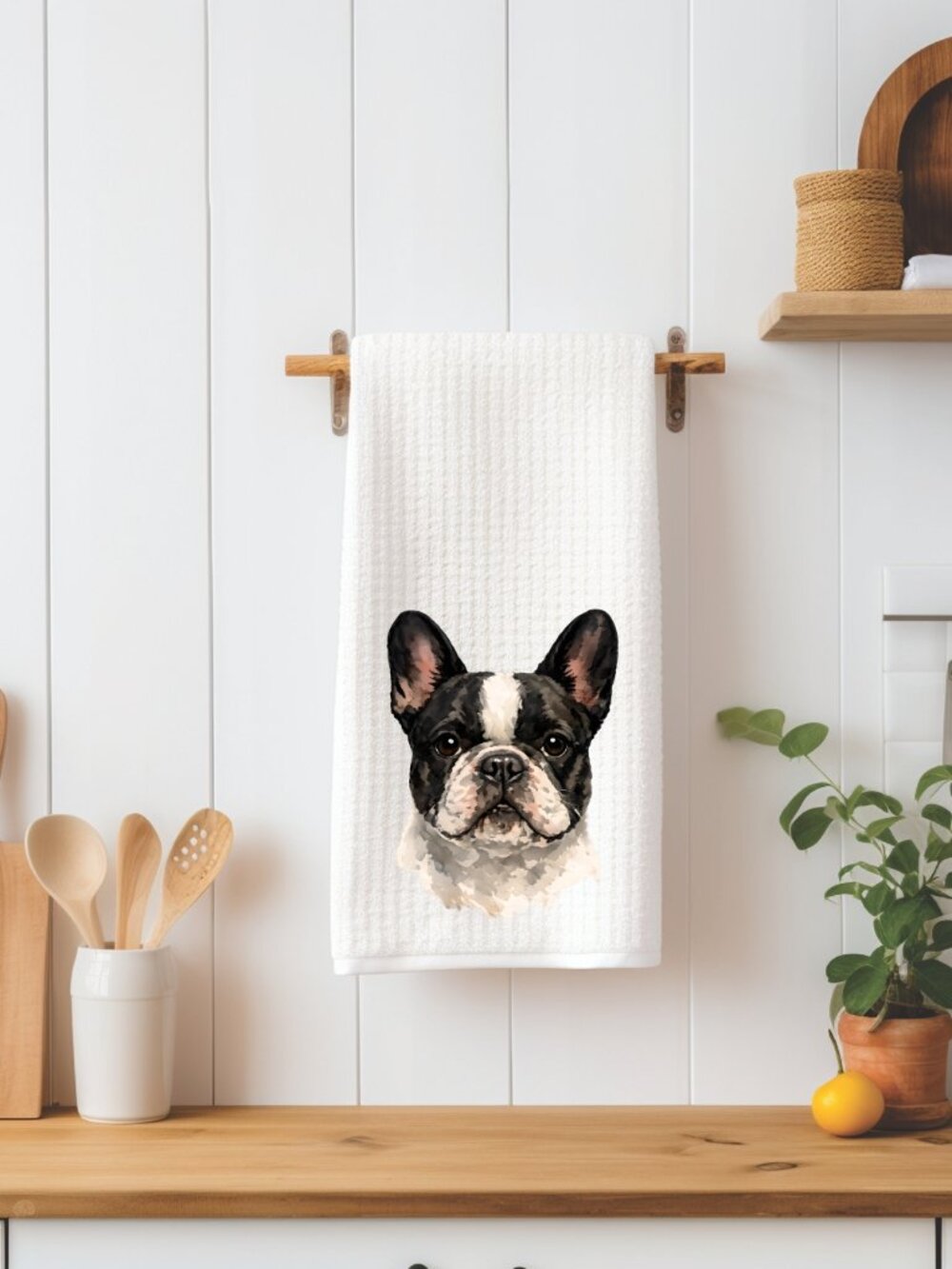 Black & White French Bulldog Dog Waffle Weave Decorative Kitchen Tea Towel